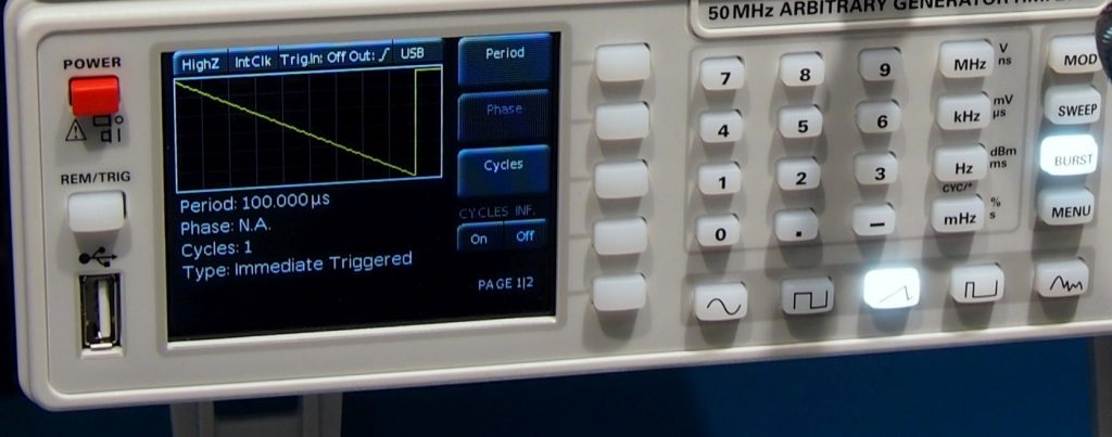 Closeup of screen and buttons on a 50 MHz Arbitrary Waveform Generator