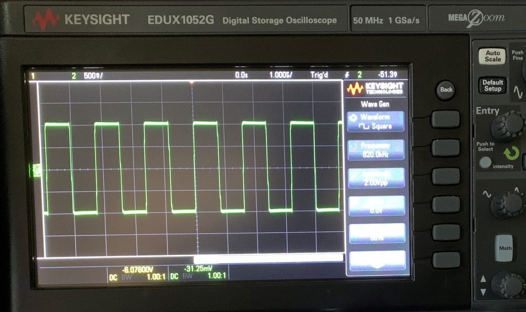 Closeup of Keysight EDUX1052G Digital Storage Oscilloscope screen